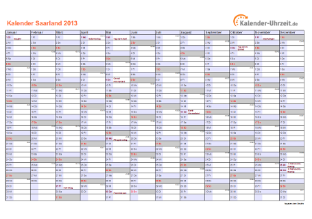 Saarland Kalender 2013 mit Feiertagen - quer-einseitig