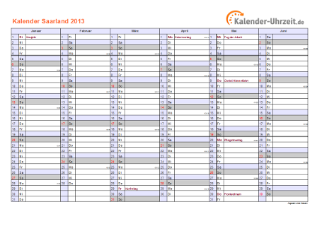 Saarland Kalender 2013 mit Feiertagen - quer-zweiseitig