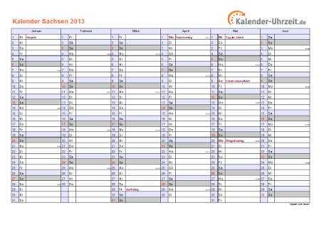 Sachsen Kalender 2013 mit Feiertagen - quer-zweiseitig