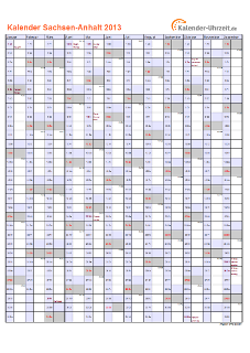 Sachsen-Anhalt Kalender 2013 mit Feiertagen - hoch-einseitig