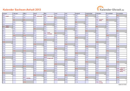 Sachsen-Anhalt Kalender 2013 mit Feiertagen - quer-einseitig