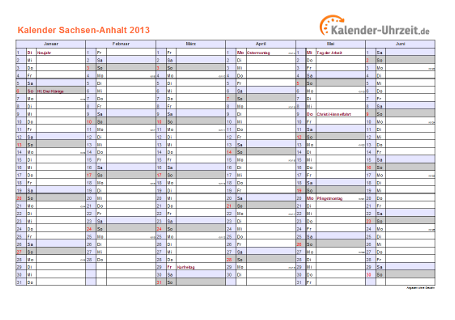 Sachsen-Anhalt Kalender 2013 mit Feiertagen - quer-zweiseitig