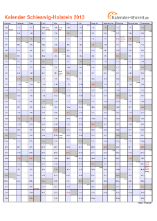 Schleswig-Holstein Kalender 2013 mit Feiertagen - hoch-einseitig