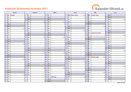 Schleswig-Holstein Kalender 2013 mit Feiertagen - quer-zweiseitig