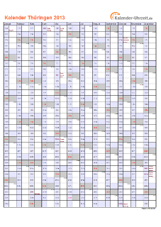 Thüringen Kalender 2013 mit Feiertagen - hoch-einseitig