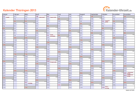 Thüringen Kalender 2013 - A4 quer-einseitig Thüringen Kalender 2013 mit Feiertagen - quer-einseitig