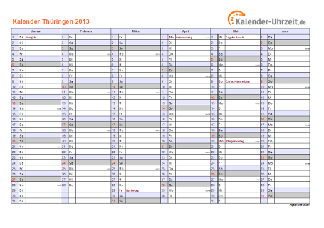 Thüringen Kalender 2013 mit Feiertagen - quer-zweiseitig