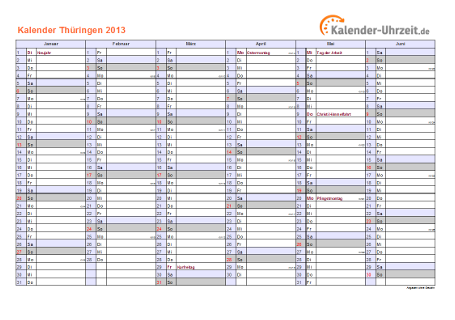 Thüringen Kalender 2013 - A4 quer-zweiseitig Thüringen Kalender 2013 mit Feiertagen - quer-zweiseitig