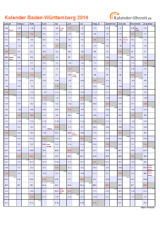 Baden-Württemberg Kalender 2014 mit Feiertagen - hoch-einseitig