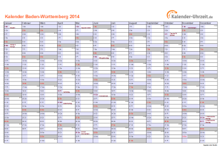 Baden-Württemberg Kalender 2014 mit Feiertagen - quer-einseitig