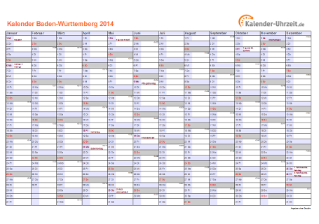 Baden-Württemberg Kalender 2014 - A4 quer-einseitig Baden-Württemberg Kalender 2014 mit Feiertagen - quer-einseitig