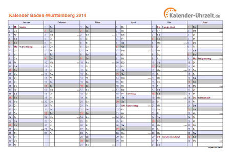 Baden-Württemberg Kalender 2014 mit Feiertagen - quer-zweiseitig