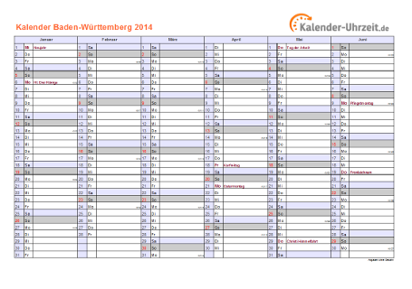 Baden-Württemberg Kalender 2014 - A4 quer-zweiseitig Baden-Württemberg Kalender 2014 mit Feiertagen - quer-zweiseitig