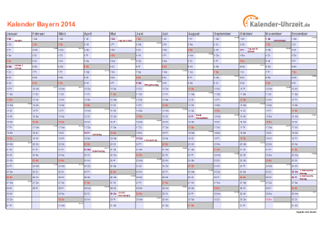 Bayern Kalender 2014 mit Feiertagen - quer-einseitig