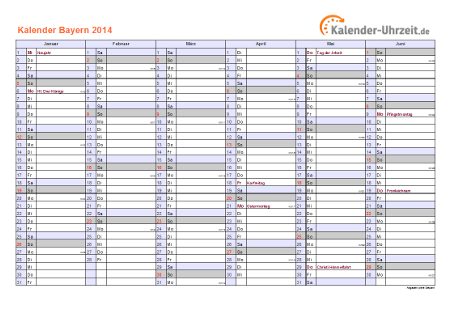 Bayern Kalender 2014 mit Feiertagen - quer-zweiseitig