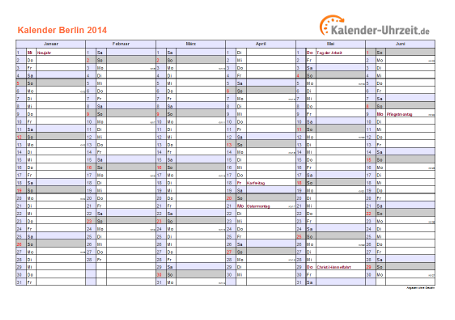 Berlin Kalender 2014 mit Feiertagen - quer-zweiseitig