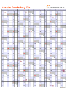 Brandenburg Kalender 2014 mit Feiertagen - hoch-einseitig