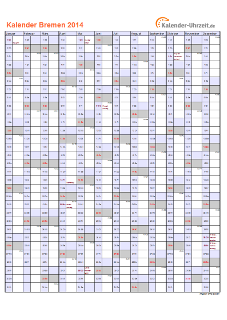 Bremen Kalender 2014 mit Feiertagen - hoch-einseitig