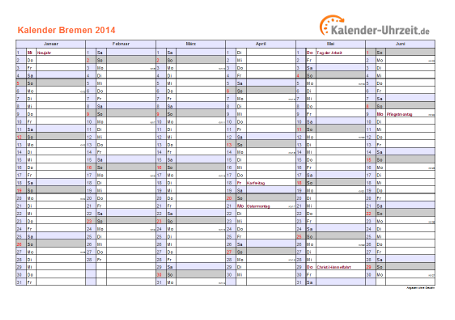 Bremen Kalender 2014 mit Feiertagen - quer-zweiseitig