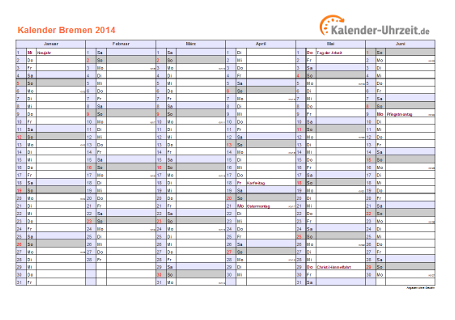 Bremen Kalender 2014 - A4 quer-zweiseitig Bremen Kalender 2014 mit Feiertagen - quer-zweiseitig