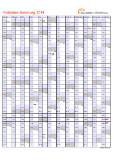 Hamburg Kalender 2014 mit Feiertagen - hoch-einseitig