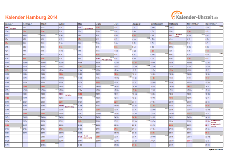 Hamburg Kalender 2014 mit Feiertagen - quer-einseitig