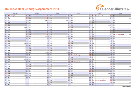 Meck.-Pomm. Kalender 2014 - A4 quer-zweiseitig Meck.-Pomm. Kalender 2014 mit Feiertagen - quer-zweiseitig