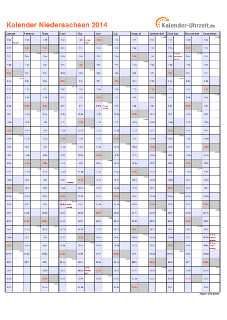 Niedersachsen Kalender 2014 mit Feiertagen - hoch-einseitig