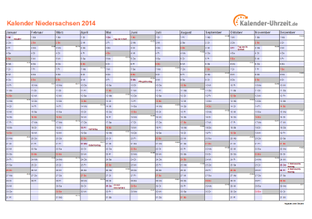 Niedersachsen Kalender 2014 mit Feiertagen - quer-einseitig