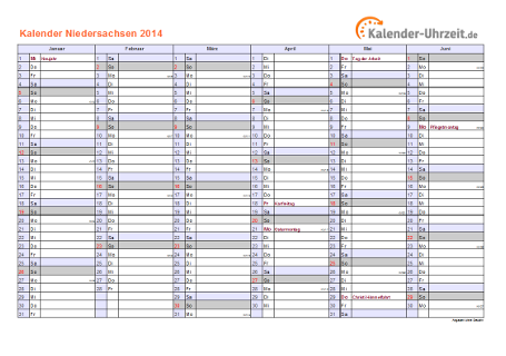 Niedersachsen Kalender 2014 mit Feiertagen - quer-zweiseitig