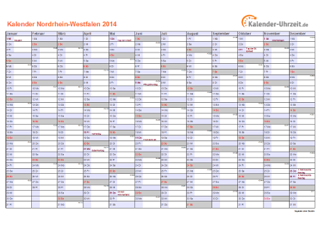 Nordrhein-Westfalen Kalender 2014 mit Feiertagen - quer-einseitig