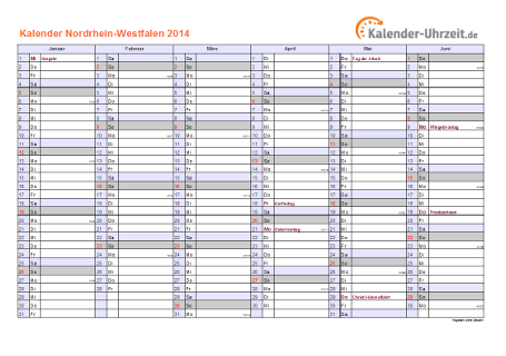 Nordrhein-Westfalen Kalender 2014 mit Feiertagen - quer-zweiseitig