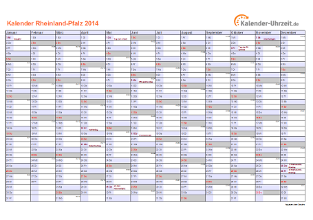Rheinland-Pfalz Kalender 2014 mit Feiertagen - quer-einseitig