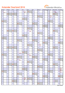 Saarland Kalender 2014 mit Feiertagen - hoch-einseitig