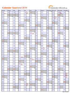 Saarland Kalender 2014 - A4 hoch-einseitig Saarland Kalender 2014 mit Feiertagen - hoch-einseitig