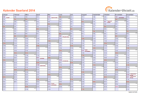 Saarland Kalender 2014 mit Feiertagen - quer-einseitig