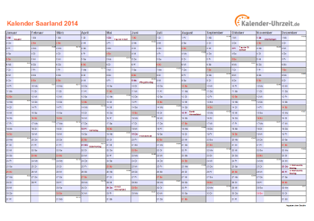 Saarland Kalender 2014 - A4 quer-einseitig Saarland Kalender 2014 mit Feiertagen - quer-einseitig