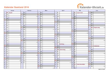Saarland Kalender 2014 - A4 quer-zweiseitig Saarland Kalender 2014 mit Feiertagen - quer-zweiseitig