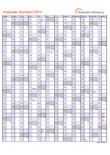 Sachsen Kalender 2014 mit Feiertagen - hoch-einseitig