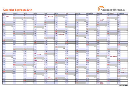 Sachsen Kalender 2014 mit Feiertagen - quer-einseitig
