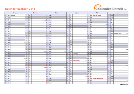 Sachsen Kalender 2014 mit Feiertagen - quer-zweiseitig