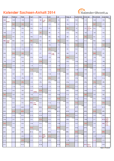 Sachsen-Anhalt Kalender 2014 mit Feiertagen - hoch-einseitig