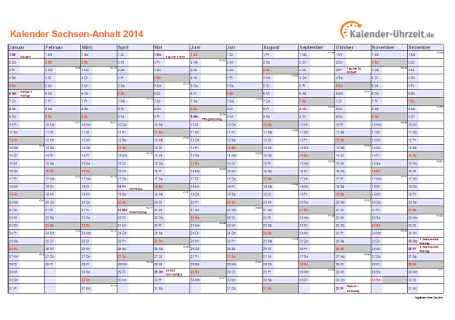 Sachsen-Anhalt Kalender 2014 mit Feiertagen - quer-einseitig