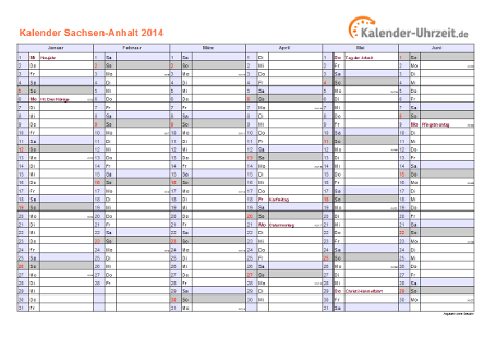 Sachsen-Anhalt Kalender 2014 mit Feiertagen - quer-zweiseitig