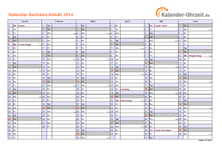 Sachsen-Anhalt Kalender 2014 - A4 quer-zweiseitig Sachsen-Anhalt Kalender 2014 mit Feiertagen - quer-zweiseitig