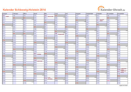 Schleswig-Holstein Kalender 2014 mit Feiertagen - quer-einseitig