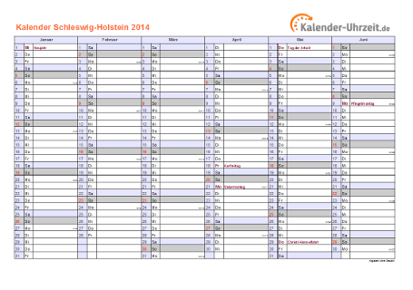 Schleswig-Holstein Kalender 2014 mit Feiertagen - quer-zweiseitig