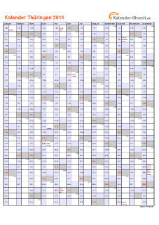 Thüringen Kalender 2014 mit Feiertagen - hoch-einseitig
