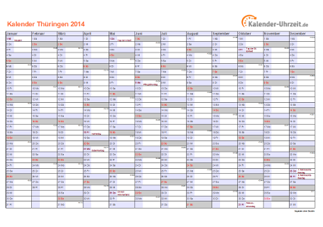 Thüringen Kalender 2014 mit Feiertagen - quer-einseitig