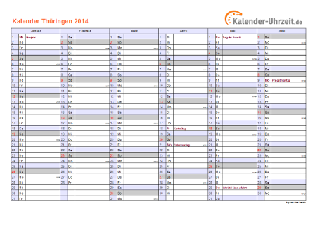 Thüringen Kalender 2014 mit Feiertagen - quer-zweiseitig